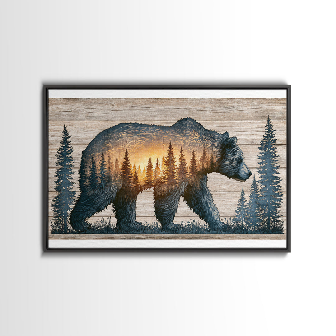 Bear Silhouette Among Pine Trees Framed Canvas Print, Rustic Art, Luxury Decor, Farmhouse Decor, Oil Painting, Rustic, RUS-3x2-59