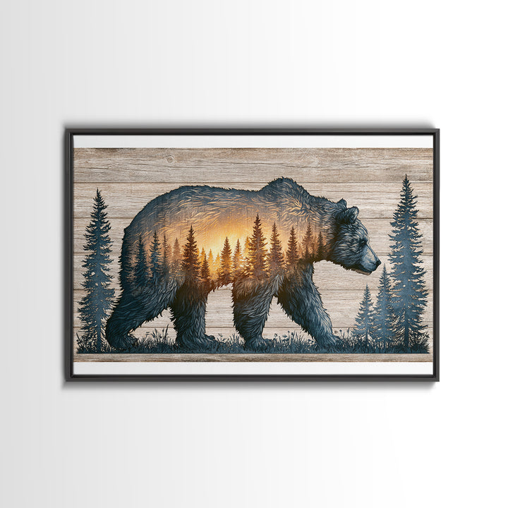 Bear Silhouette Among Pine Trees Framed Canvas Print, Rustic Art, Luxury Decor, Farmhouse Decor, Oil Painting, Rustic, RUS-3x2-59