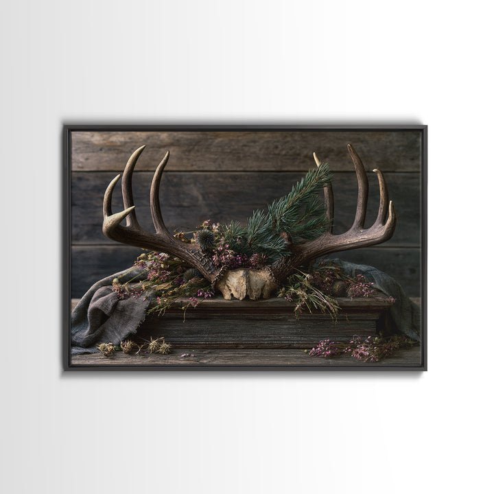 Deer Antlers with Pine Branches and Berries Framed Canvas Print, Rustic Art, Printable Art, Farmhouse Decor, Fine Art, Rustic, RUS-3x2-6