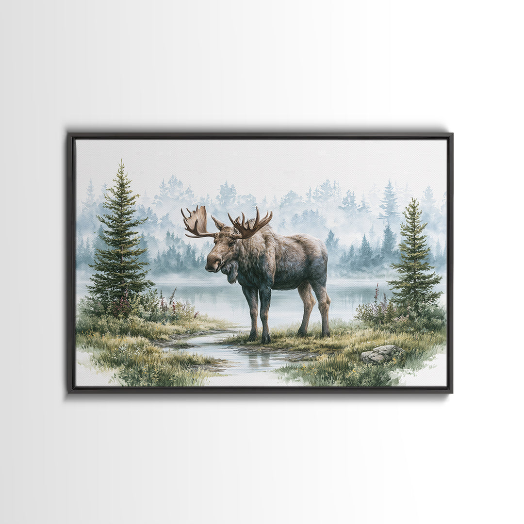 Moose Standing by a Quiet Lake Canvas Print, Rustic Art, Landscape Painting, Farmhouse Decor, Fine Art, Rustic, Modern Decor, RUS-3x2-61