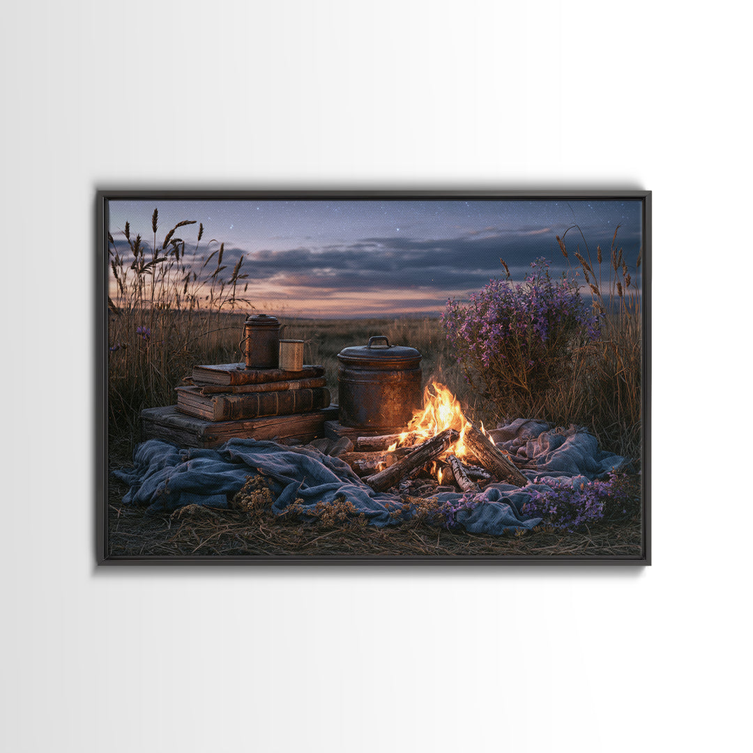 Campfire under a Starry Sky Canvas Print, Rustic Art, Farmhouse Decor, Fine Art, Rustic, Gallery Wall Art, Landscape Wall Art, RUS-3x2-62