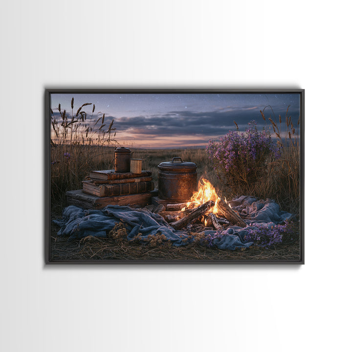 Campfire under a Starry Sky Canvas Print, Rustic Art, Farmhouse Decor, Fine Art, Rustic, Gallery Wall Art, Landscape Wall Art, RUS-3x2-62