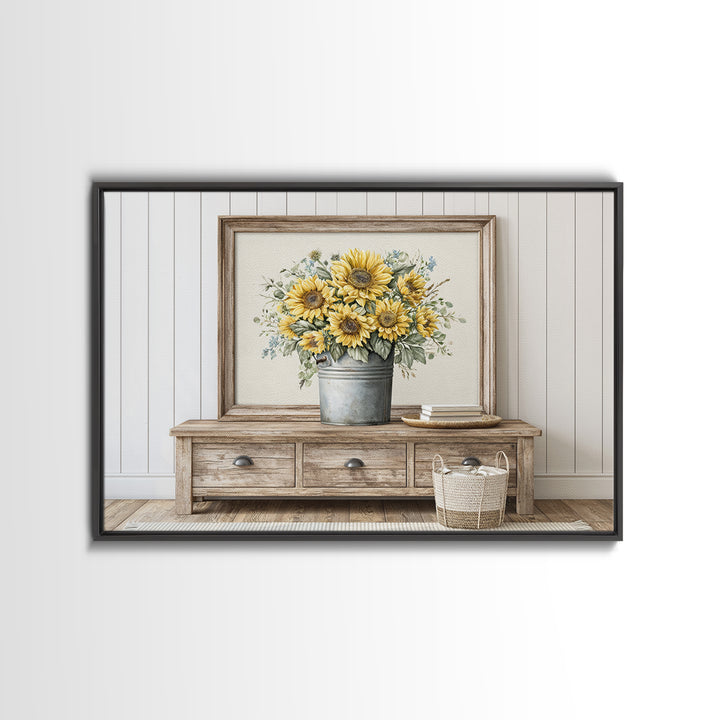 Sunflowers in a Metal Bucket Framed Canvas Print, Rustic Art, Gallery Decor, Farmhouse Decor, Fine Art, Rustic, RUS-3x2-64