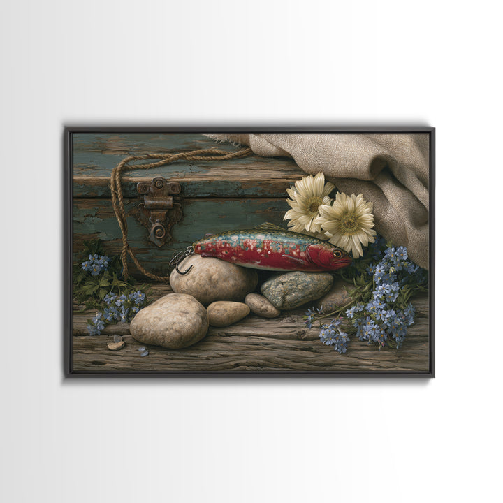 Trout Fishing Lure and River Stones Canvas Print, Rustic Art, Living Room Decor, Farmhouse Decor, Rustic, Landscape Wall Art, RUS-3x2-66