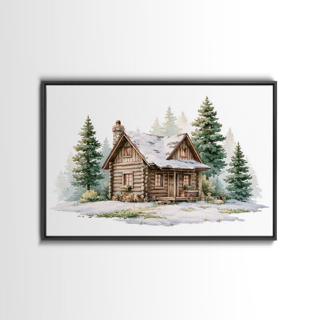 Log Cabin with Snowy Pines Canvas Print, Rustic Art, Textured Painting, Farmhouse Decor, Watercolor Art, Rustic, Digital Print, RUS-3x2-67