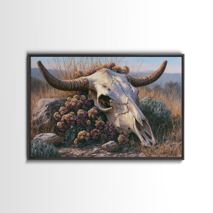 Cow Skull with Desert Flowers Framed Canvas Print, Rustic Art, Farmhouse Wall Art, Farmhouse Decor, Fine Art, Rustic, RUS-3x2-69