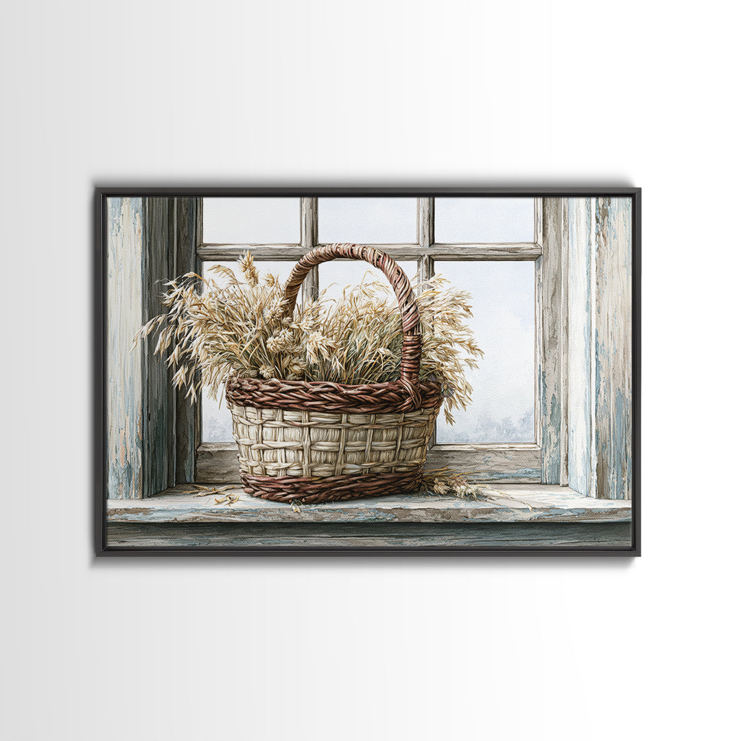 Handwoven Basket with Dried Grasses Canvas Print, Rustic Art, Downloadable Art, Farmhouse Decor, Watercolor Art, Rustic, RUS-3x2-76
