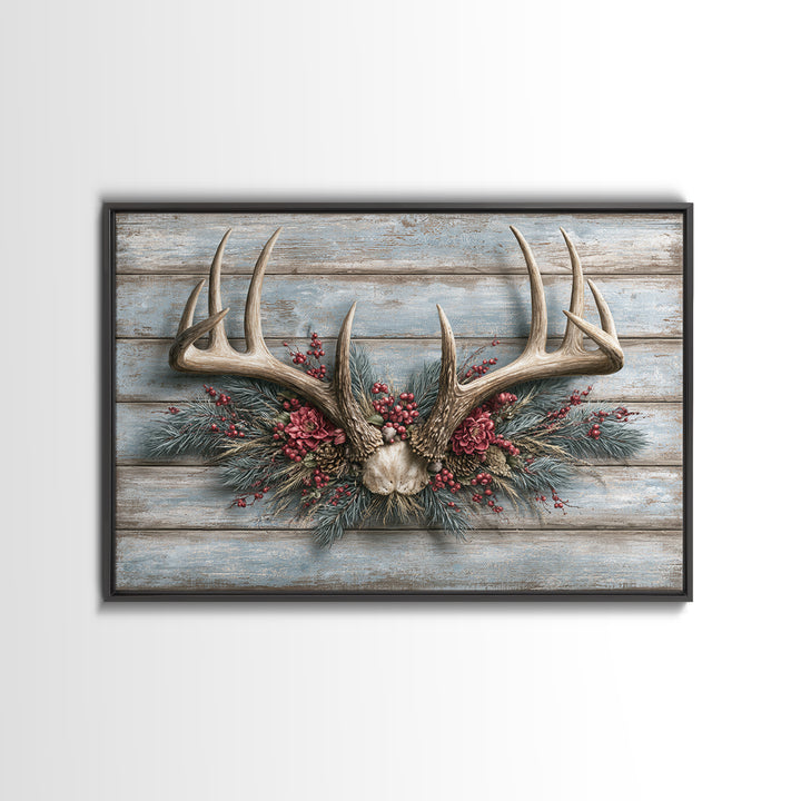 Deer Antlers with Pine Branches and Berries Framed Canvas Print, Rustic Art, Eclectic Wall Art, Farmhouse Decor, Watercolor Art, RUS-3x2-78