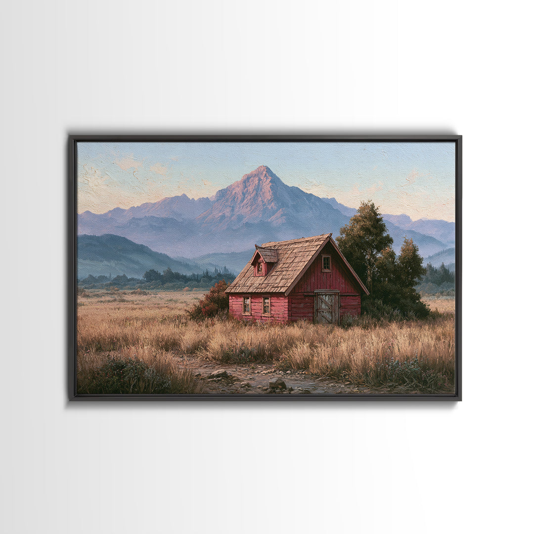 Mountain Cabin Landscape Framed Canvas Print, Rustic Art, Landscape Wall Art, Farmhouse Decor, Fine Art, Rustic, Luxury Decor, RUS-3x2-79