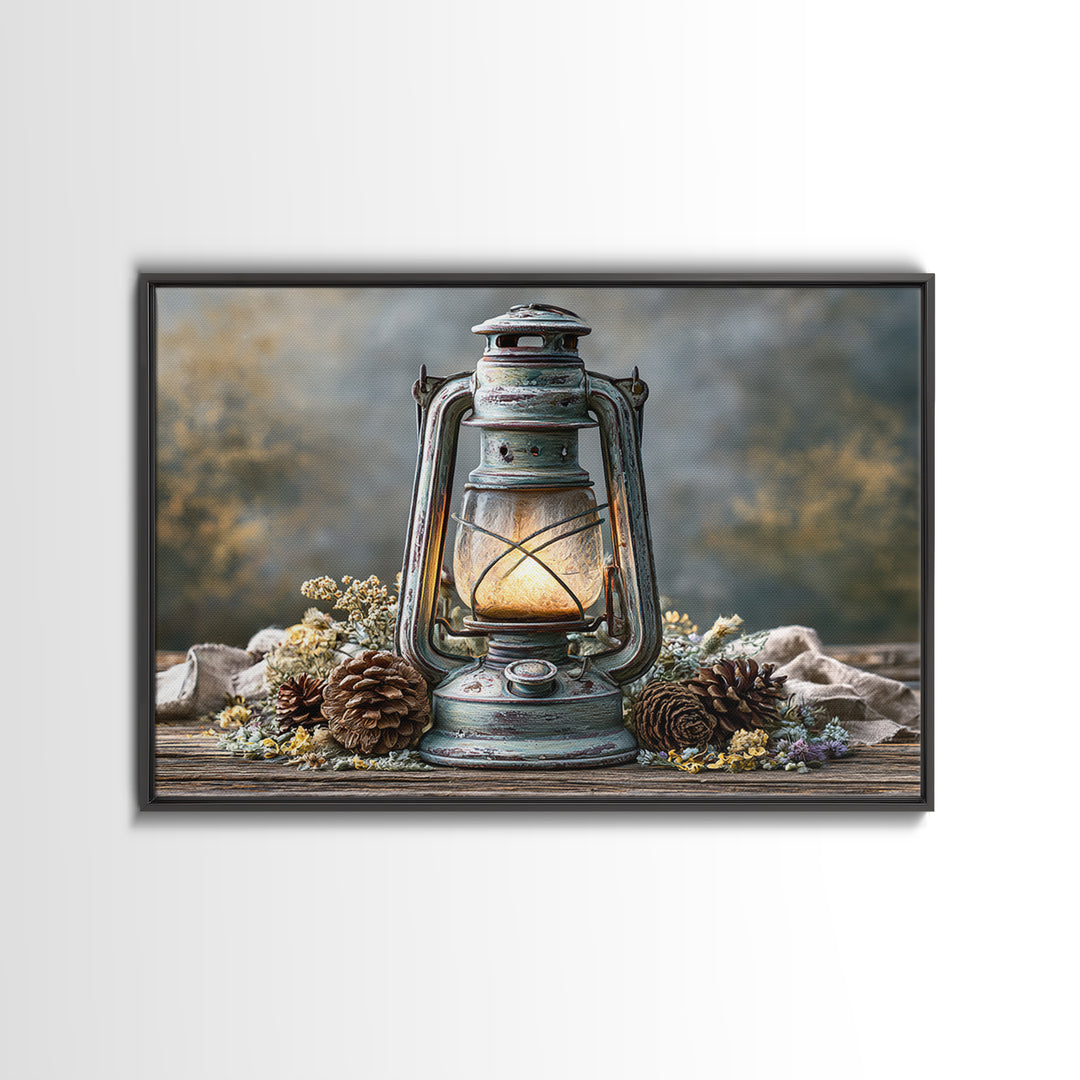 Rustic Lantern Glowing Beside Pinecones Framed Canvas Print, Rustic Art, Fine Art Print, Farmhouse Decor, Watercolor Art, RUS-3x2-80