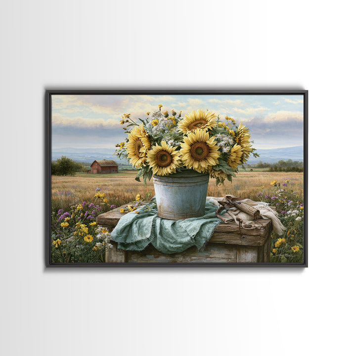 Sunflowers in a Metal Bucket Canvas Print, Rustic Art, Boho Decor, Farmhouse Decor, Oil Painting, Rustic, Digital Art, RUS-3x2-88