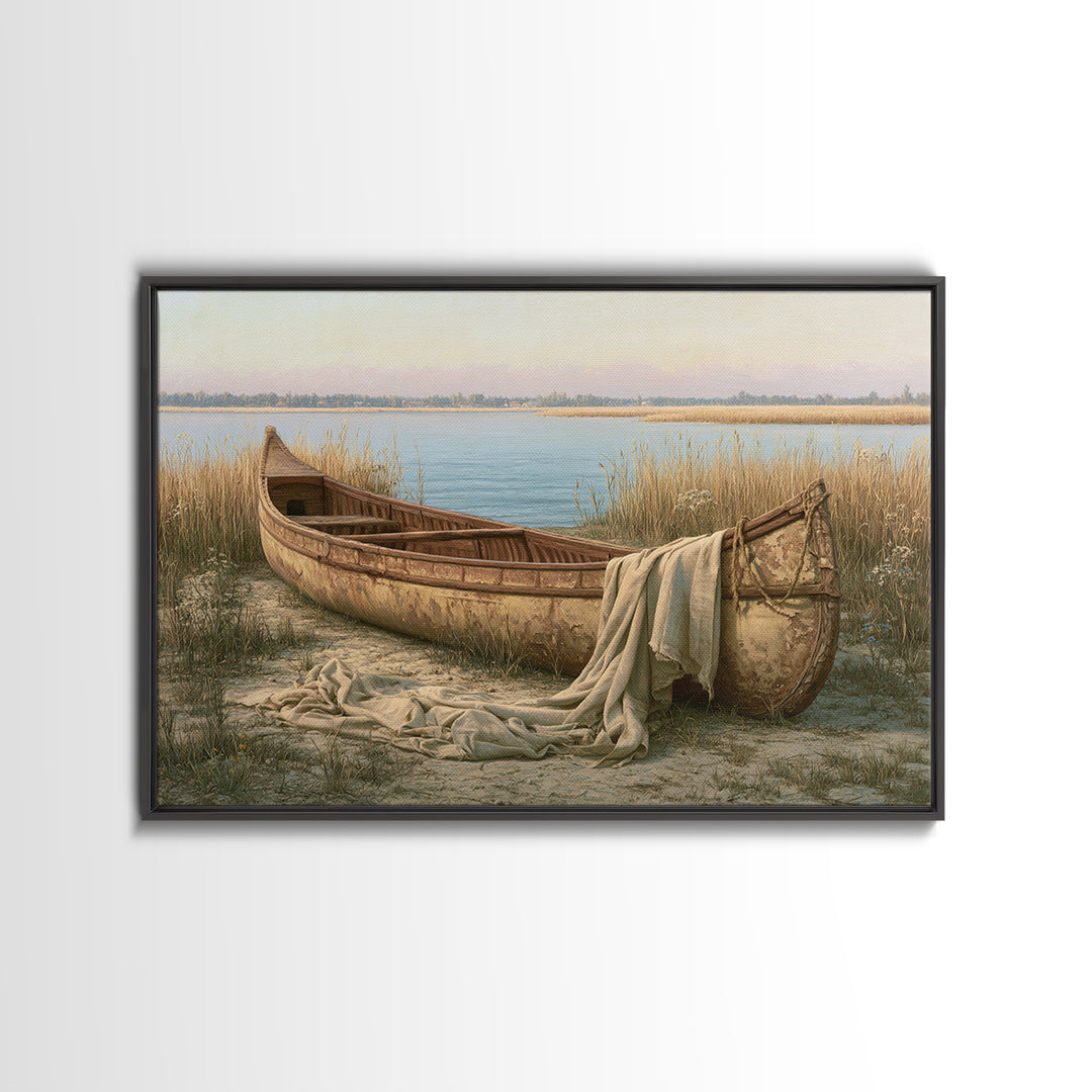 Old Canoe Pulled Onto a Lake Shore Framed Canvas Print, Rustic Art, Luxury Decor, Farmhouse Decor, Fine Art, Rustic, RUS-3x2-96