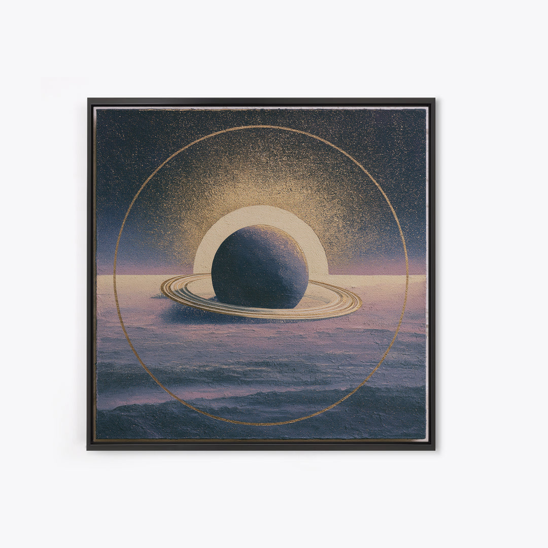 Ringed Planet Rising Framed Canvas Print, Space Art, Retro Wall Art, Spa Decor, Oil Painting, Serenity, Textured Painting, SAR-1x1-2