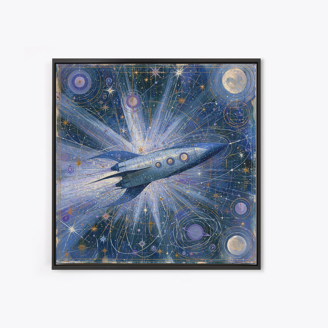 Rocket Ship Crossing a Retro Star Field Framed Canvas Print, Space Art, Fine Art Print, Spa Decor, Watercolor Art, Serenity, SAR-1x1-34