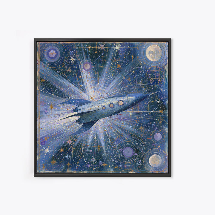 Rocket Ship Crossing a Retro Star Field Framed Canvas Print, Space Art, Fine Art Print, Spa Decor, Watercolor Art, Serenity, SAR-1x1-34