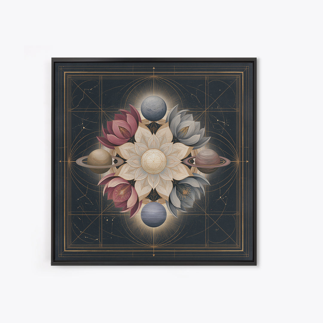 Cosmic Garden with Planets as Flowers Framed Canvas Print, Space Art, Contemporary Art, Spa Decor, Fine Art, Serenity, SAR-1x1-61