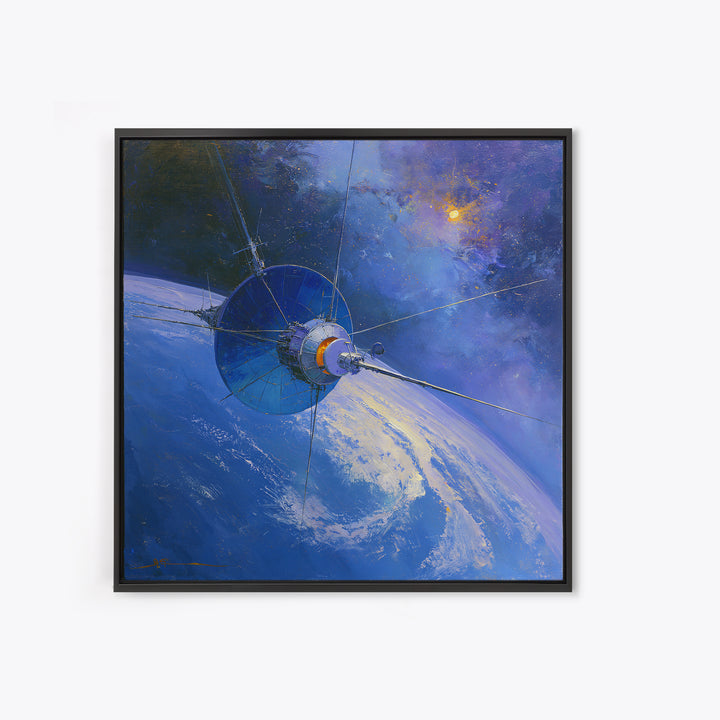 Satellite Orbiting Above Blue Planet Framed Canvas Print, Space Art, Retro Wall Art, Spa Decor, Abstract Art, Serenity, SAR-1x1-84