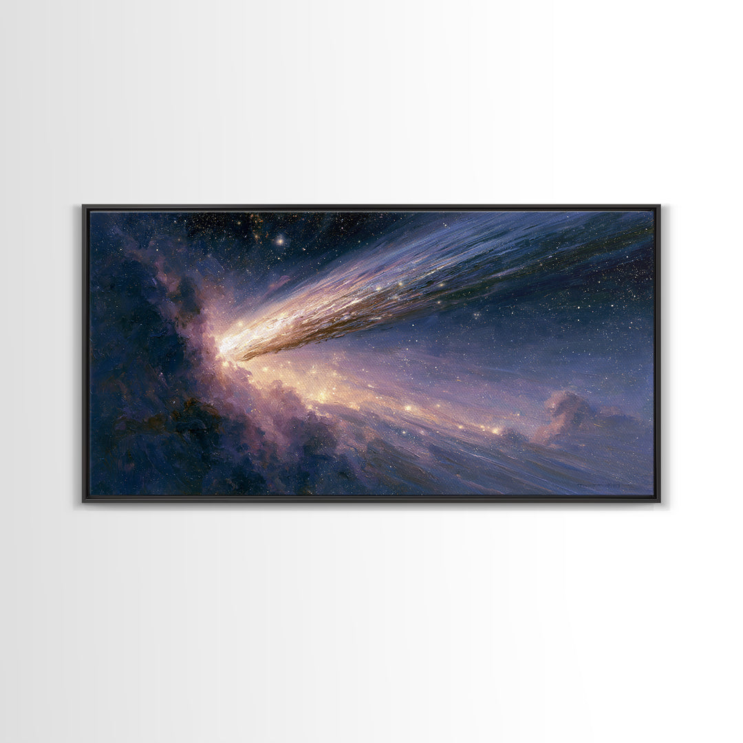Comet Streaking Through Violet Darkness Canvas Print, Space Art, Poster, Spa Decor, Abstract Art, Serenity, Oil Painting, SAR-2x1-2