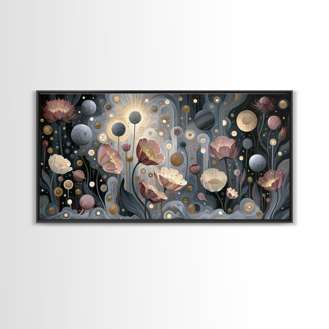 Cosmic Garden with Planets as Flowers Framed Canvas Print, Space Art, Digital Art, Spa Decor, Watercolor Art, Serenity, SAR-2x1-33