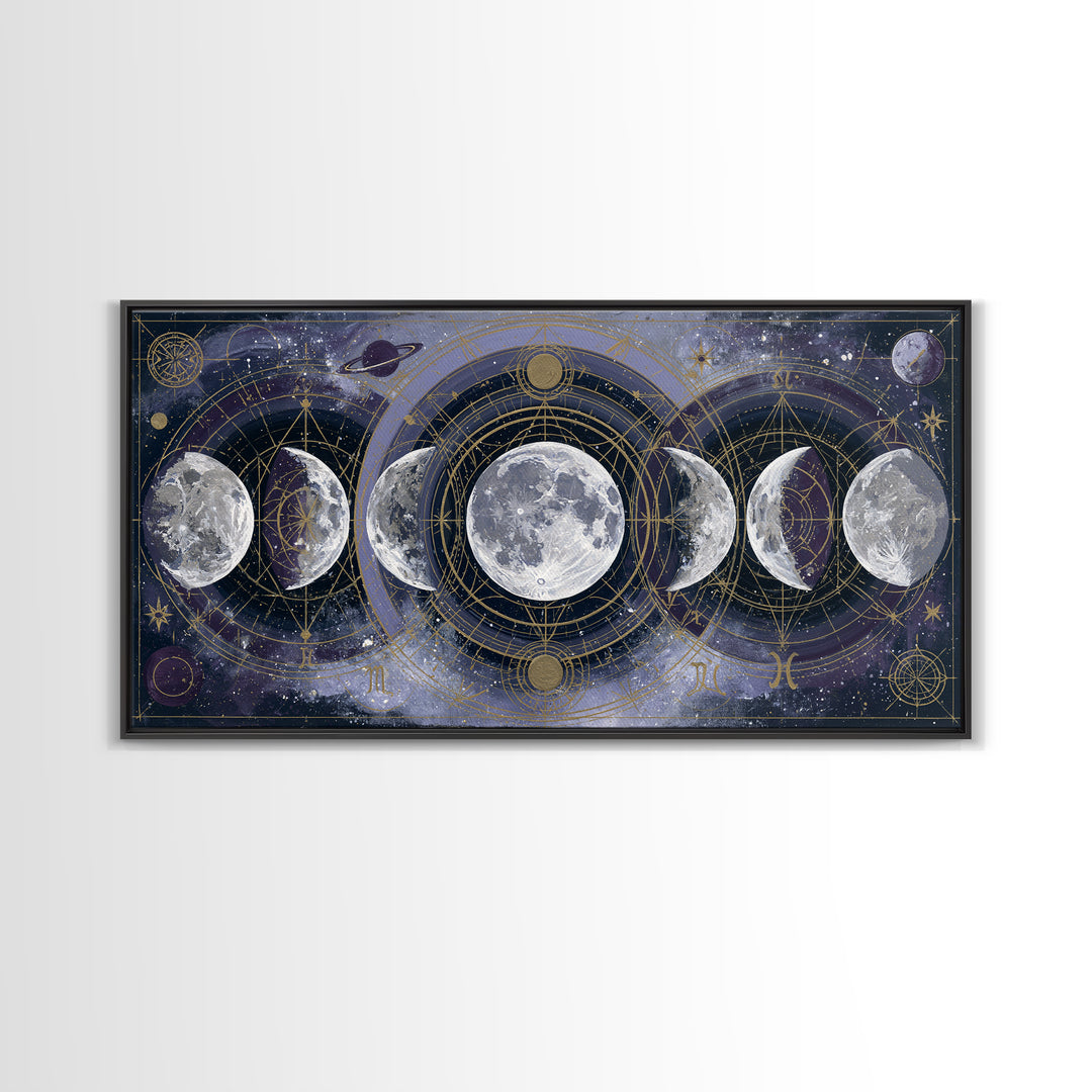 Moon Phases in Elegant Monochrome Framed Canvas Print, Space Art, Printable Wall Art, Spa Decor, Serenity, Retro Wall Art, SAR-2x1-37