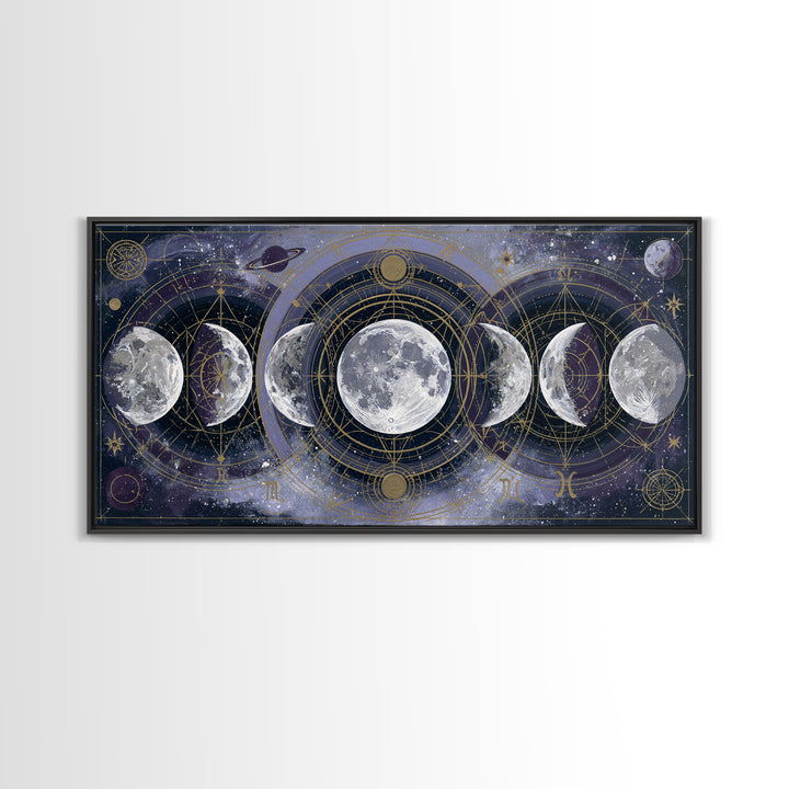 Moon Phases in Elegant Monochrome Framed Canvas Print, Space Art, Printable Wall Art, Spa Decor, Serenity, Retro Wall Art, SAR-2x1-37