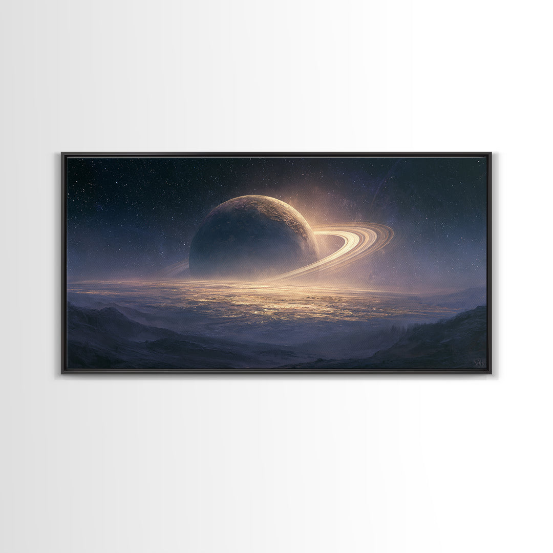 Ringed Planet Rising Framed Canvas Print, Space Art, Posters, Spa Decor, Fine Art, Serenity, Abstract Art, Printable Art, SAR-2x1-46