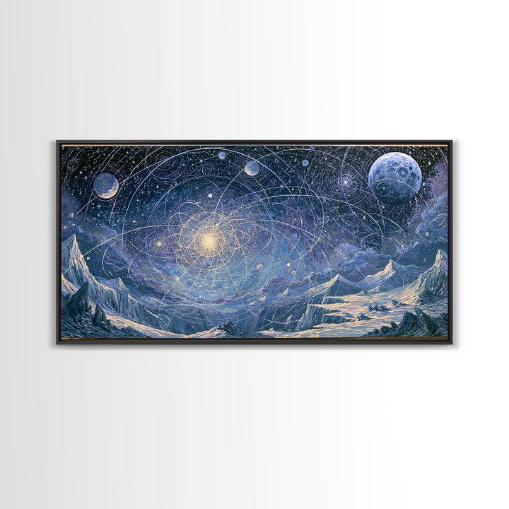 Alien Moonrise over Icy Cliffs Framed Canvas Print, Space Art, Printable Wall Art, Spa Decor, Oil Painting, Serenity, SAR-2x1-90