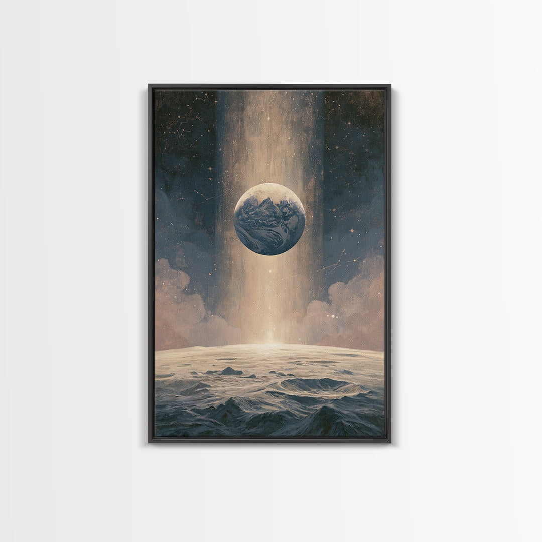 Moon Surface with Earth Hanging Above Framed Canvas Print, Space Art, Canvas Wall Art, Spa Decor, Fine Art, Serenity, SAR-2x3-37