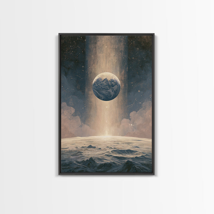 Moon Surface with Earth Hanging Above Framed Canvas Print, Space Art, Canvas Wall Art, Spa Decor, Fine Art, Serenity, SAR-2x3-37