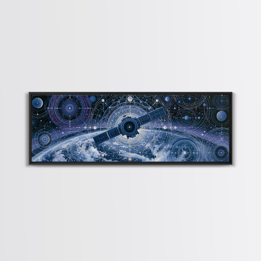 Satellite Orbiting Above Blue Planet Canvas Print, Space Art, Painting, Spa Decor, Abstract Art, Serenity, Canvas Wall Art, SAR-3x1-100