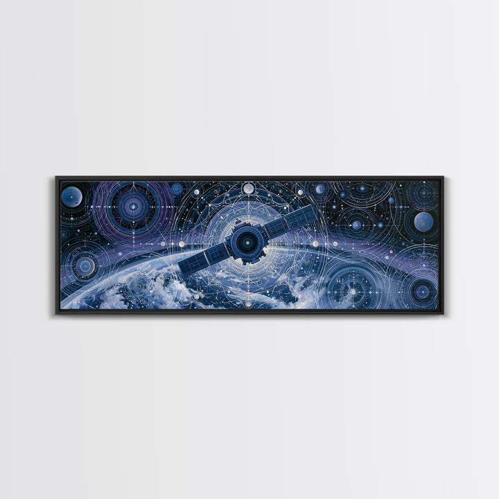 Satellite Orbiting Above Blue Planet Canvas Print, Space Art, Painting, Spa Decor, Abstract Art, Serenity, Canvas Wall Art, SAR-3x1-100