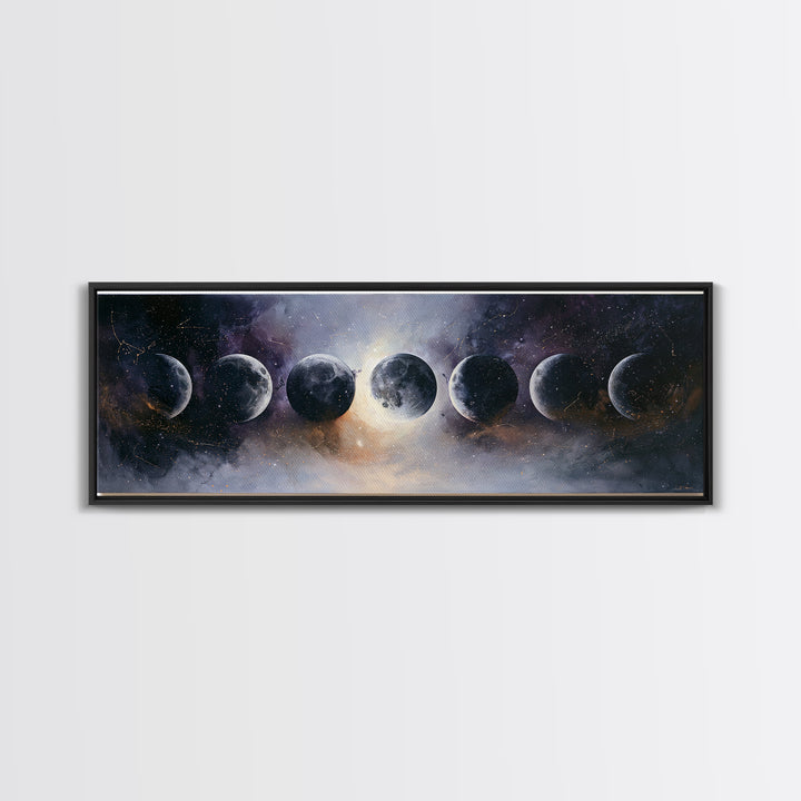Moon Phases in Elegant Monochrome Framed Canvas Print, Space Art, Statement Artwork, Spa Decor, Fine Art, Serenity, Wall Decor, SAR-3x1-57