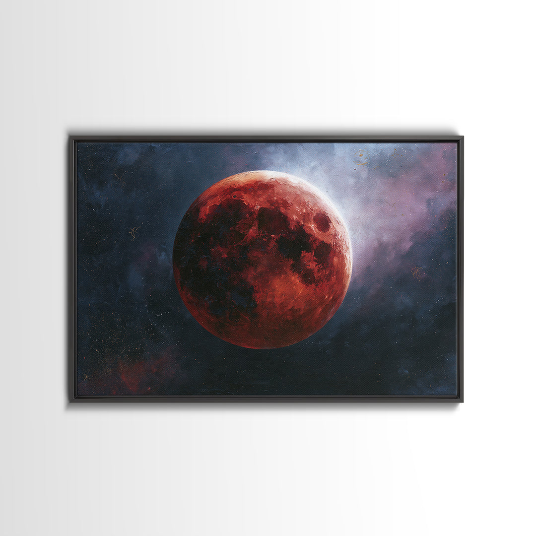 Lunar Eclipse in Deep Red Tones Framed Canvas Print, Space Art, Digital Art, Spa Decor, Fine Art, Serenity, Modern Wall Art, SAR-3x2-39