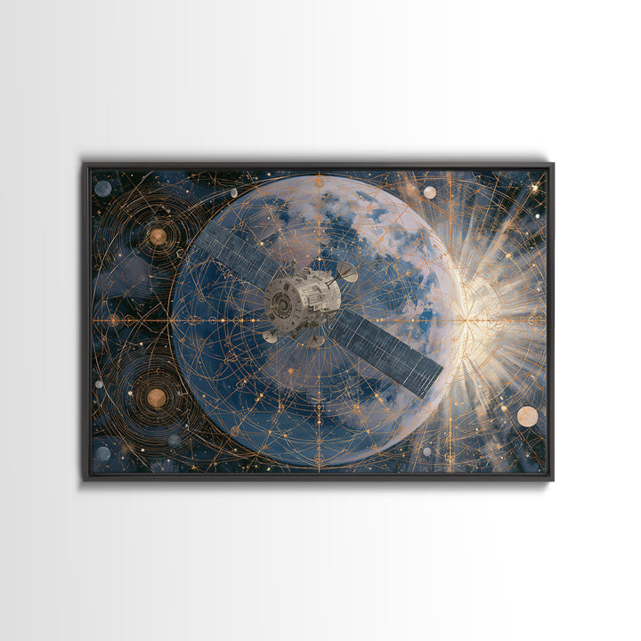 Satellite Orbiting Above Blue Planet Framed Canvas Print, Space Art, Textured Painting, Spa Decor, Oil Painting, Serenity, SAR-3x2-40