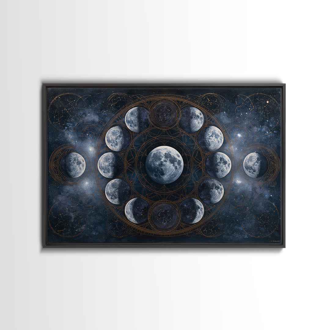 Moon Phases in Elegant Monochrome Framed Canvas Print, Space Art, Textured Painting, Spa Decor, Fine Art, Serenity, Art Prints, SAR-3x2-45