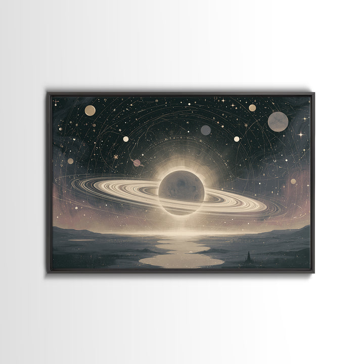 Ringed Planet Rising Framed Canvas Print, Space Art, Space, Spa Decor, Fine Art, Serenity, Statement Artwork, Boho Decor, SAR-3x2-6