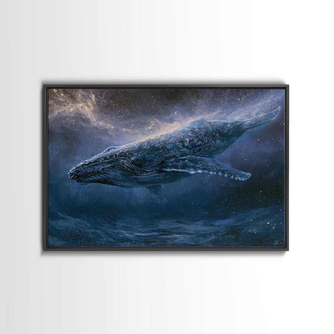 Space Whale Swimming Through Star Dust Framed Canvas Print, Space Art, Posters, Spa Decor, Fine Art, Serenity, Abstract Art, SAR-3x2-60