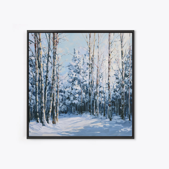 Snowy Nordic Forest Framed Canvas Print, Scandinavian Art, Textured Painting, Living Room Decor, Nordic, Christmas Decor, SCA-1x1-1