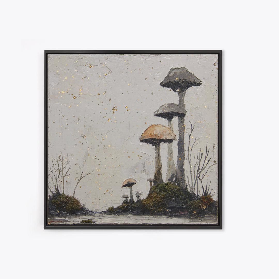 Simple Mushroom and Moss Forest Study Framed Canvas Print, Scandinavian Art, Boho Wall Decor, Living Room Decor, Nordic, SCA-1x1-24