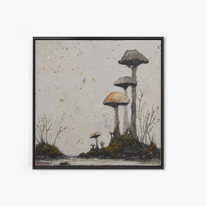 Simple Mushroom and Moss Forest Study Framed Canvas Print, Scandinavian Art, Boho Wall Decor, Living Room Decor, Nordic, SCA-1x1-24