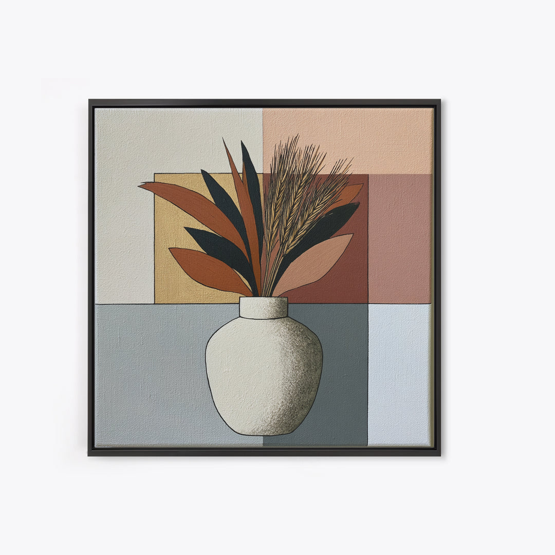 Ceramic Vase with Dried Grasses Framed Canvas Print, Scandinavian Art, Living Room Decor, Oil Painting, Nordic, SCA-1x1-37