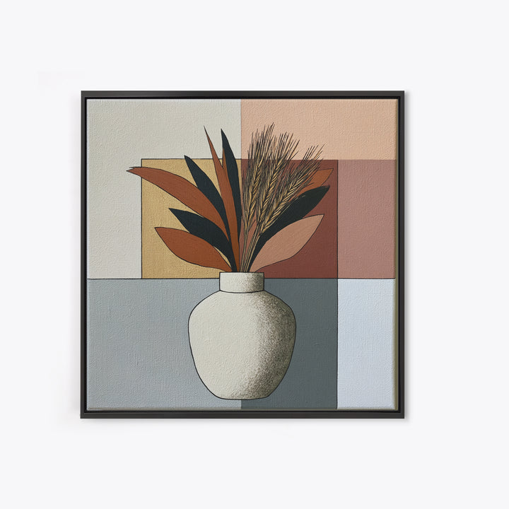 Ceramic Vase with Dried Grasses Framed Canvas Print, Scandinavian Art, Living Room Decor, Oil Painting, Nordic, SCA-1x1-37