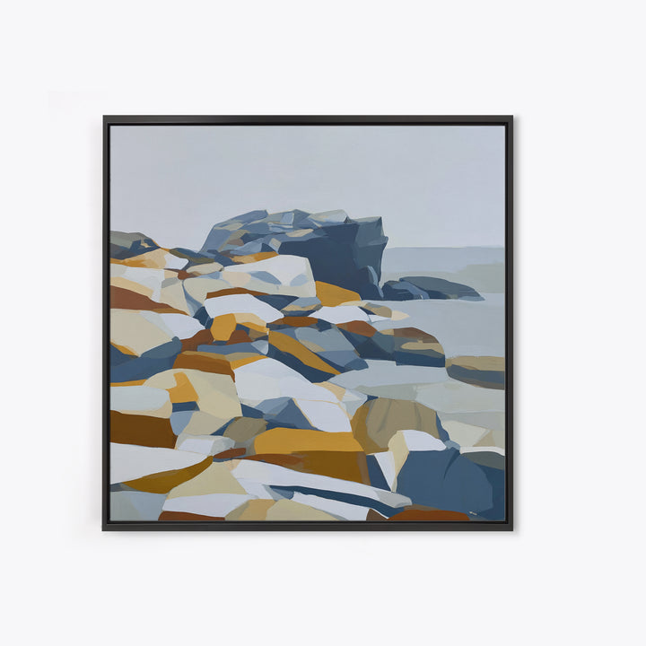 Quiet Coastal Rocks and Gray Sea Framed Canvas Print, Scandinavian Art, Living Room Decor, Fine Art, Nordic, Gallery Decor, SCA-1x1-47