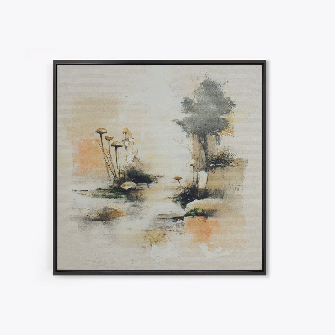 Simple Mushroom and Moss Forest Study Framed Canvas Print, Scandinavian Art, Decor, Living Room Decor, Oil Painting, Nordic, SCA-1x1-48
