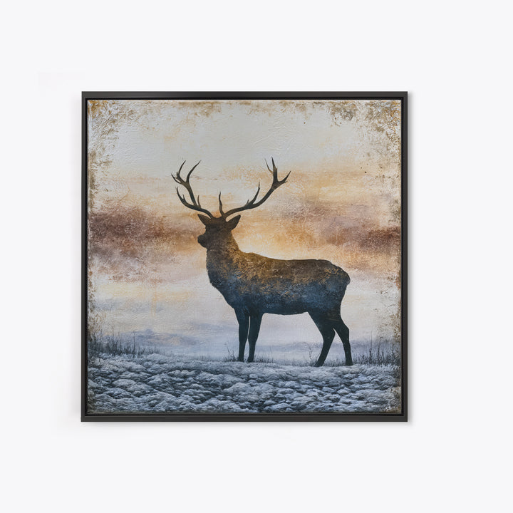 Reindeer Silhouette in Snowy Landscape Framed Canvas Print, Scandinavian Art, Abstract Painting, Living Room Decor, Nordic, SCA-1x1-6