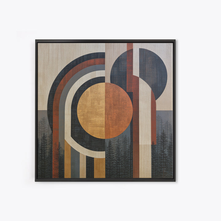 Minimal Sun over Pine Forest Framed Canvas Print, Scandinavian Art, Wall Art, Living Room Decor, Oil Painting, Nordic, SCA-1x1-65