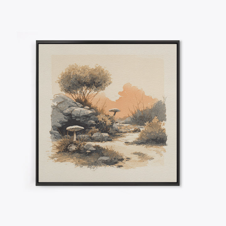 Simple Mushroom and Moss Forest Study Framed Canvas Print, Scandinavian Art, Abstract Painting, Living Room Decor, Nordic, SCA-1x1-72