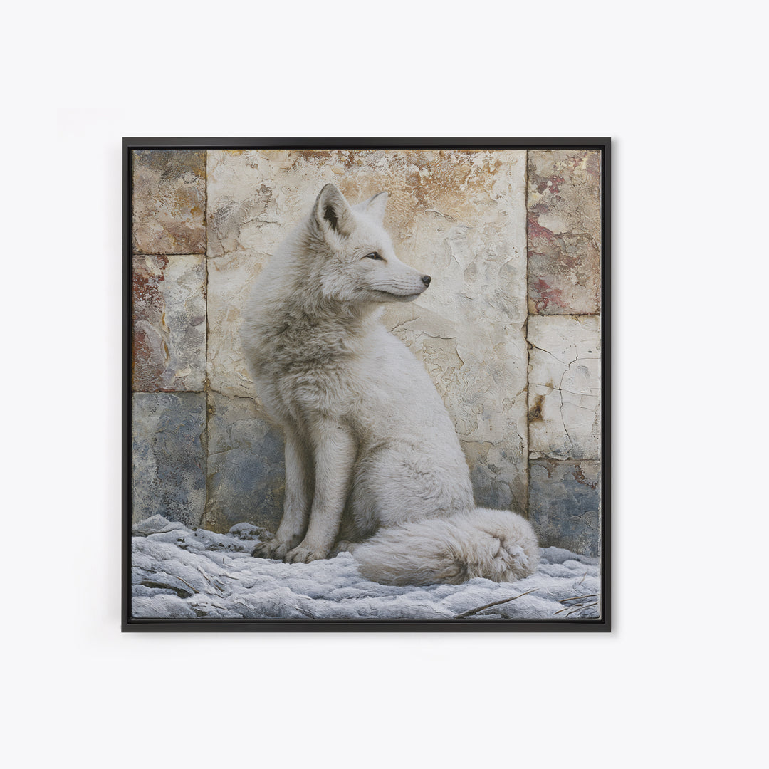 White Fox in Quiet Snow Framed Canvas Print, Scandinavian Art, Living Room Wall Art, Living Room Decor, Abstract Art, Nordic, SCA-1x1-84