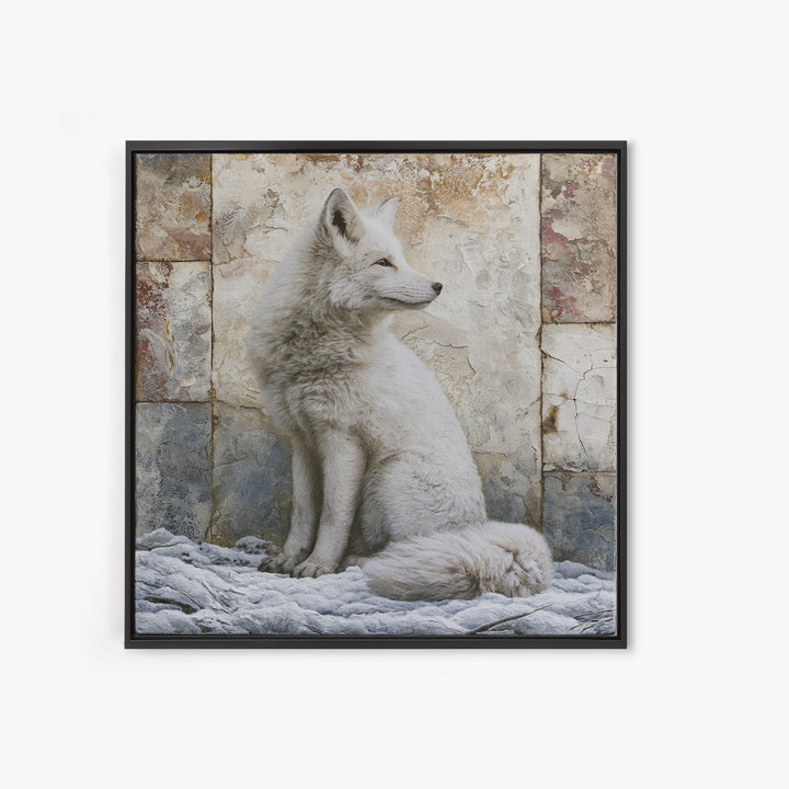 White Fox in Quiet Snow Framed Canvas Print, Scandinavian Art, Living Room Wall Art, Living Room Decor, Abstract Art, Nordic, SCA-1x1-84