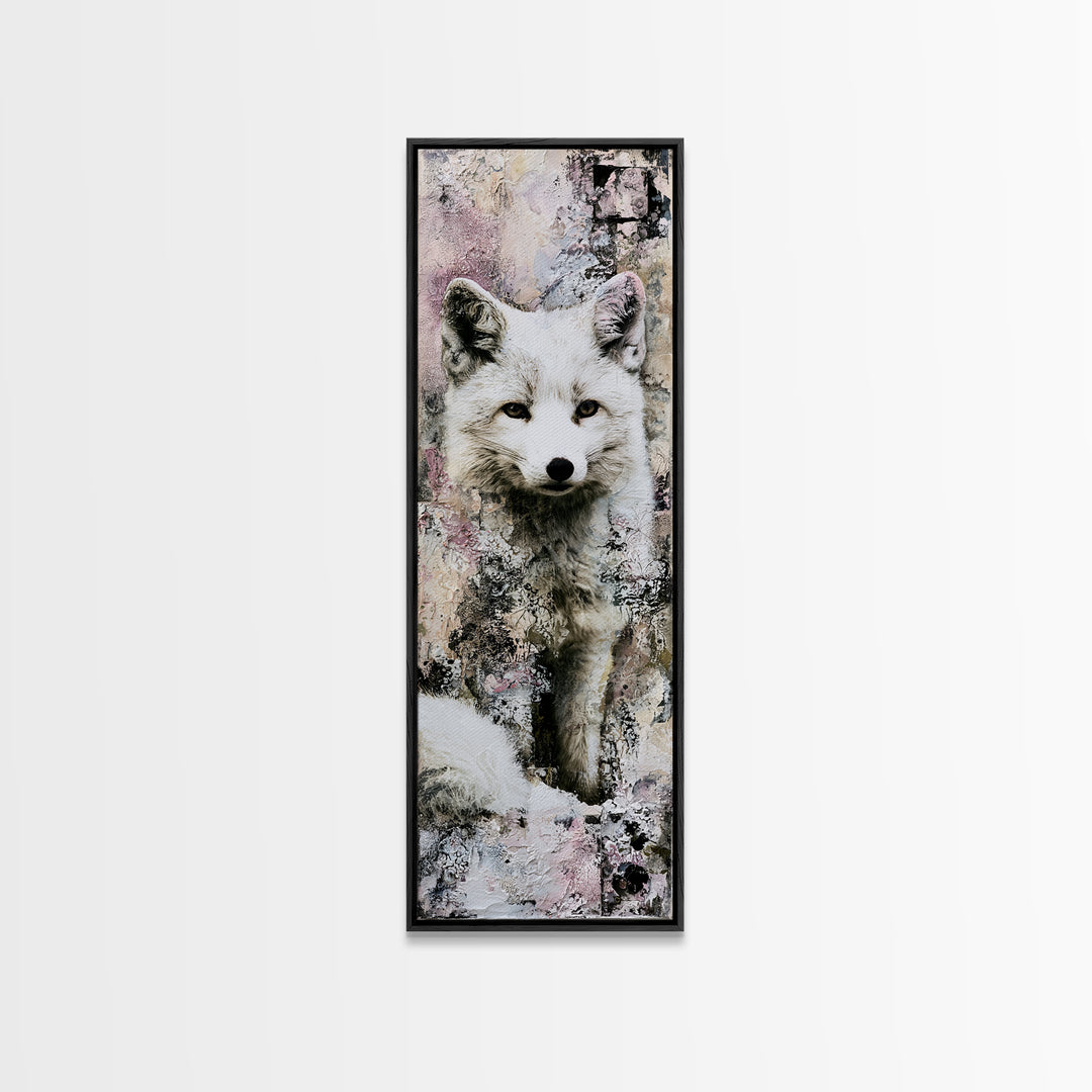 White Fox in Quiet Snow Framed Canvas Print, Scandinavian Art, Digital Wall Art, Living Room Decor, Fine Art, Nordic, SCA-1x3-24